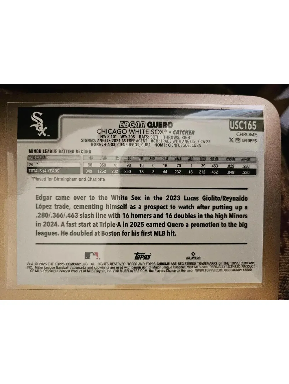 2025 Topps Chrome Update - Edgar Quero (RC) USC165 - White Sox - RAW Mint - Picture 2 of 2